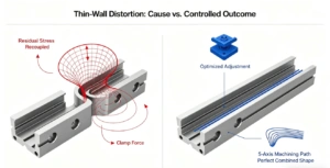 Diagram comparing uncontrolled thin-wall distortion (warped) vs. controlled outcome (straight) through optimized machining strategies.
