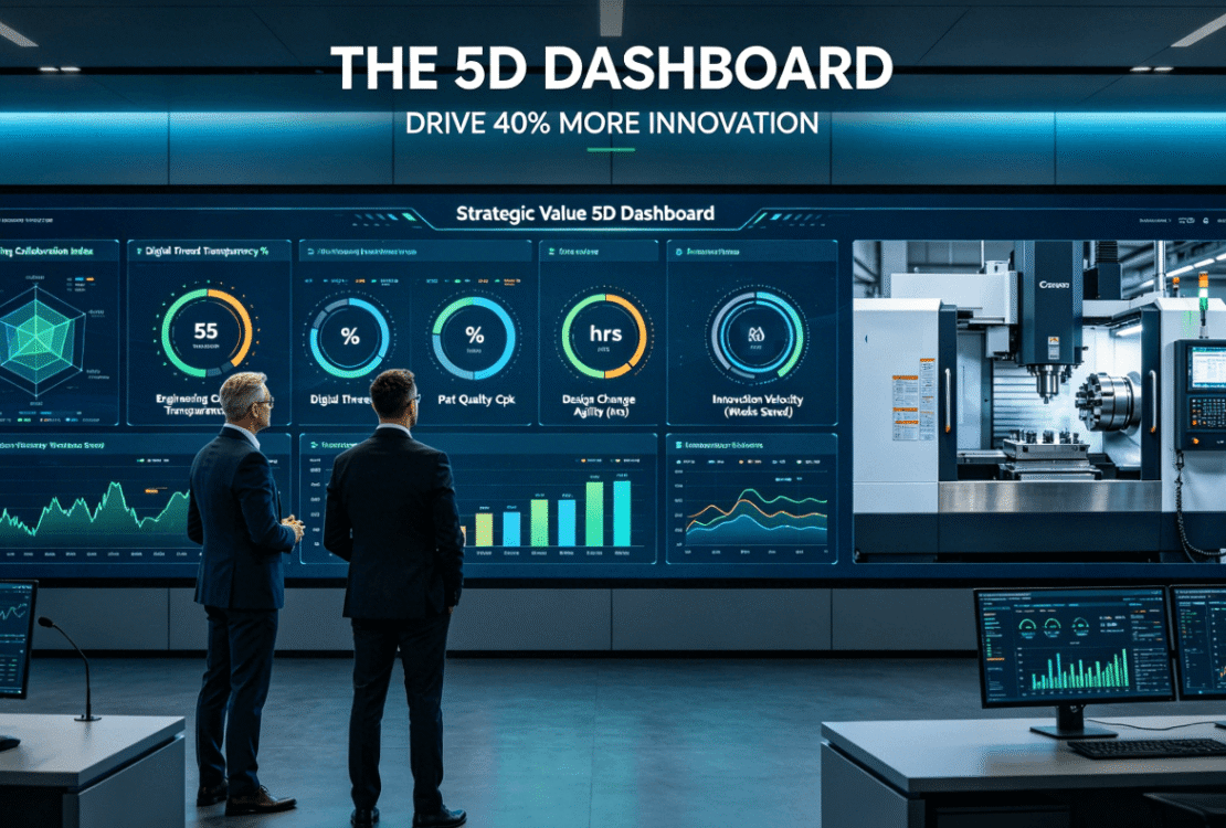 Supply chain and manufacturing leaders analyze a "Strategic Value 5D Dashboard" showing real-time KPIs across five dimensions, with live CNC machine feed, in a modern industrial command center.