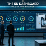 Supply chain and manufacturing leaders analyze a "Strategic Value 5D Dashboard" showing real-time KPIs across five dimensions, with live CNC machine feed, in a modern industrial command center.