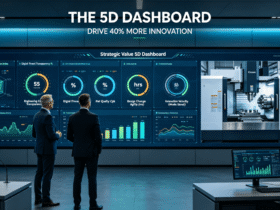 Supply chain and manufacturing leaders analyze a "Strategic Value 5D Dashboard" showing real-time KPIs across five dimensions, with live CNC machine feed, in a modern industrial command center.