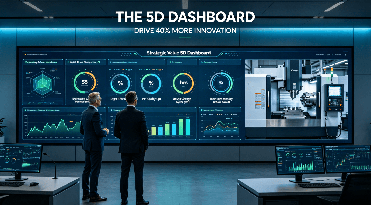 Supply chain and manufacturing leaders analyze a "Strategic Value 5D Dashboard" showing real-time KPIs across five dimensions, with live CNC machine feed, in a modern industrial command center.