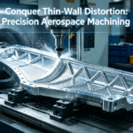 A large 5-axis CNC machine precisely milling a complex thin-wall aluminum aerospace component in a high-tech workshop.