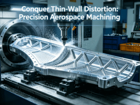 A large 5-axis CNC machine precisely milling a complex thin-wall aluminum aerospace component in a high-tech workshop.