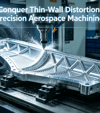 A large 5-axis CNC machine precisely milling a complex thin-wall aluminum aerospace component in a high-tech workshop.