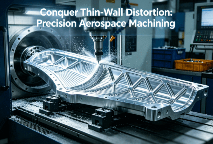 A large 5-axis CNC machine precisely milling a complex thin-wall aluminum aerospace component in a high-tech workshop.