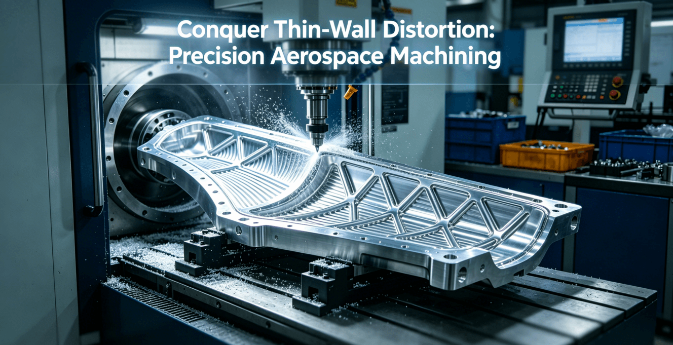 A large 5-axis CNC machine precisely milling a complex thin-wall aluminum aerospace component in a high-tech workshop.